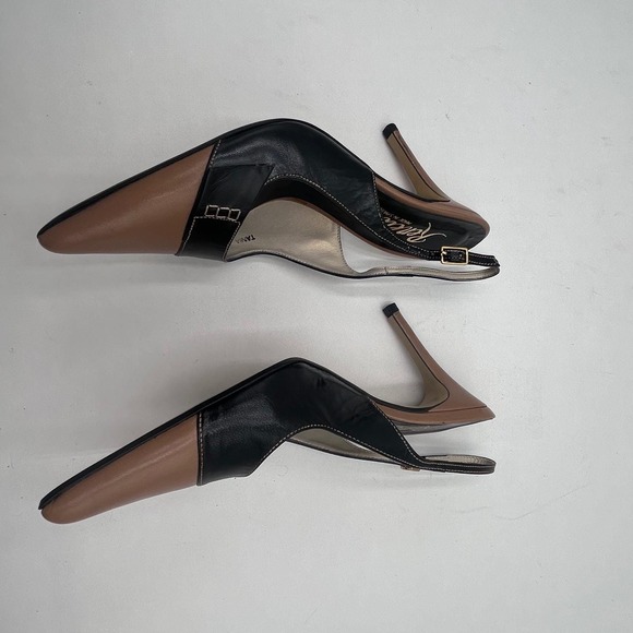 Renetti Tan Black Leather Slingback Pointed Toe Heels Women's Size 6.5 M Spain - Picture 11 of 13